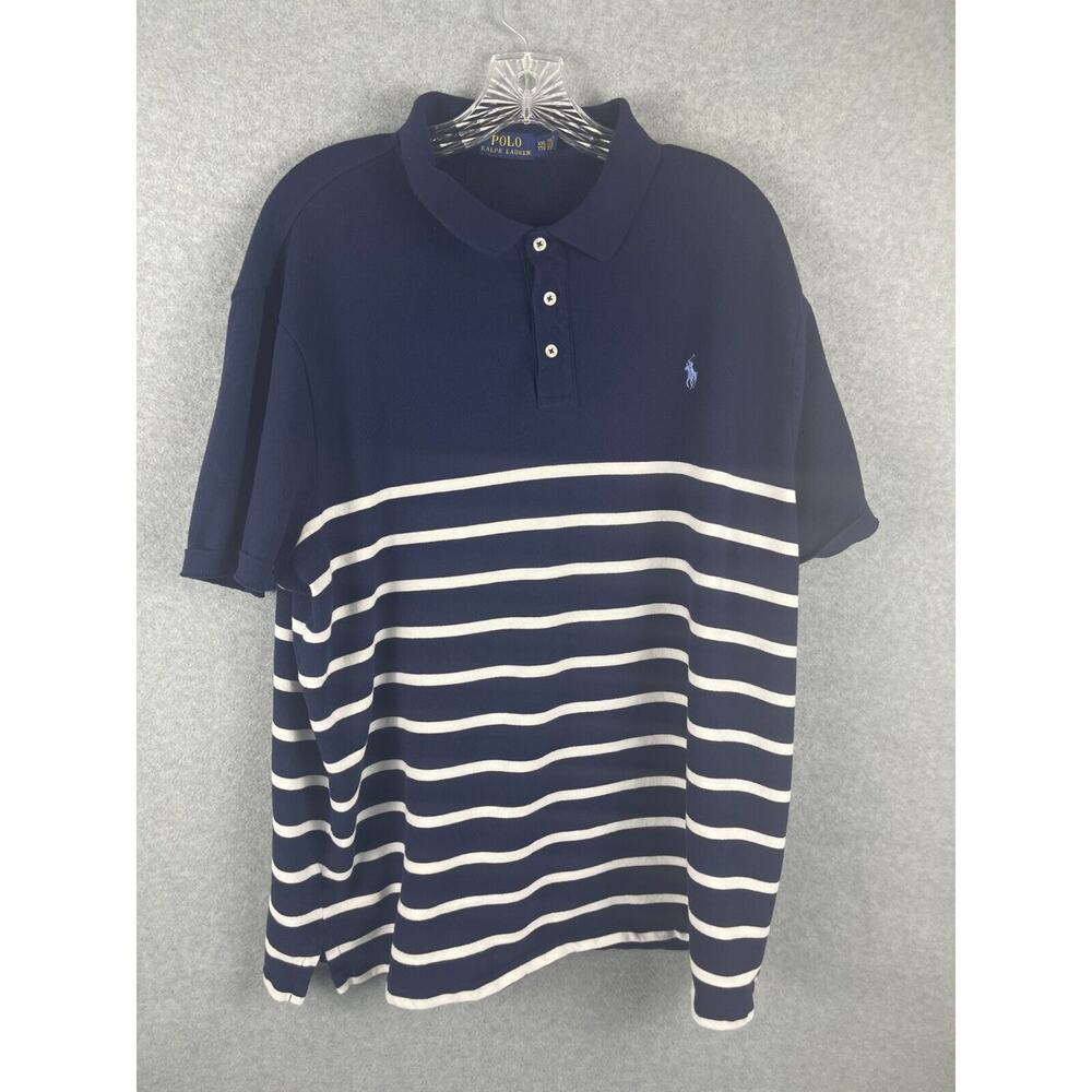 Polo Ralph Lauren Terry Polo Shirt Mens Size 2XL Navy Blue Striped Color Blocked